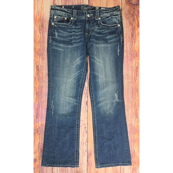 Miss Me Womens Fleur De Lis Embellished Bootcut Jeans Size 32 Blue Denim - Picture 1 of 9